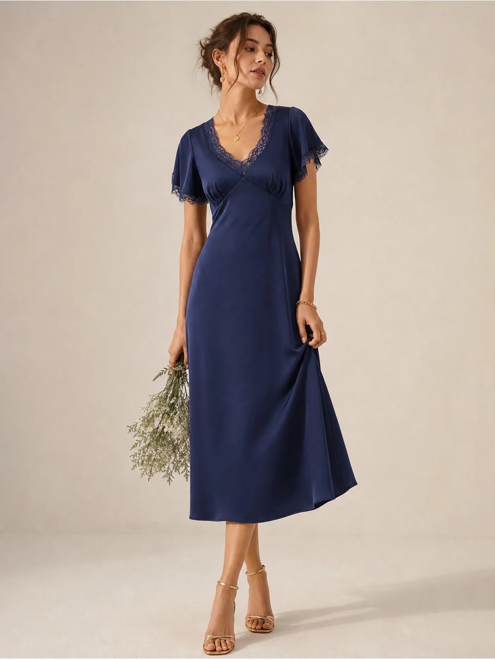 Rihoas Navy V Neck Lace Satin Midi Dress